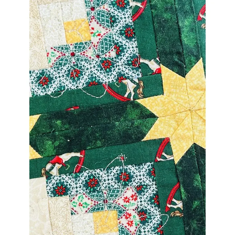 Vintge Christmas Quilted Decor Pillow Red Green Yellow 14x14 Rocking Horse Star